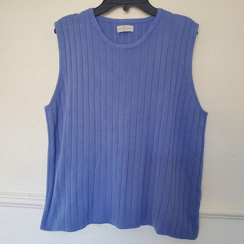 Yarnworks Top Sleeveless Sweater Blue Striped Round Neck Office Women L